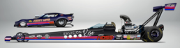 An image of a Funny Race Car and a Drag Race car with similar paint schemes and sponsor logos. Each car features